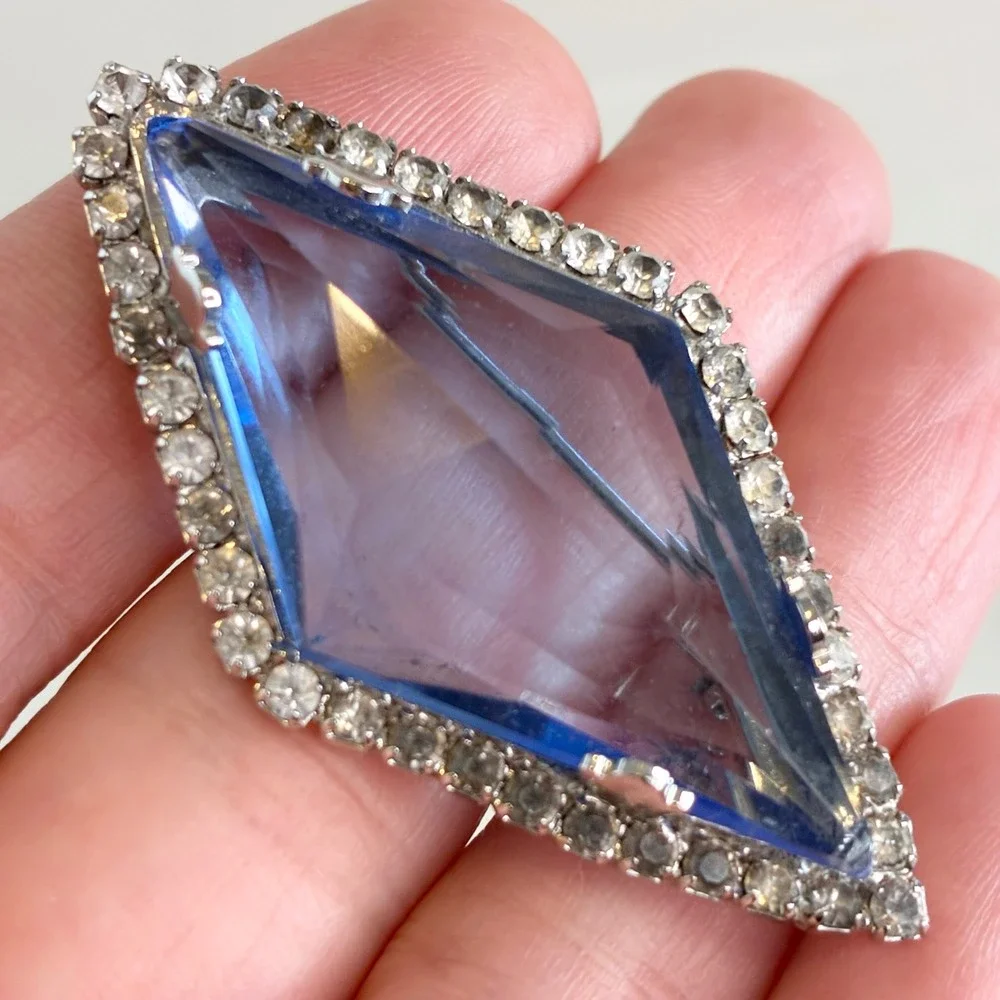 Vintage Brooch Set Blue Rhinestone Mid Century Faceted Silver Tone Jewelry READ